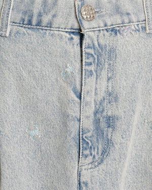 Chanel Light Blue Straight Leg High-Waisted Jeans with Turquoise, Lilac, and Silver Metallic CC Logos and Silver Button Detail Size FR 40 (UK 12)