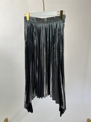 Altuzarra Metallic Silver One-Shoulder Ruched Ruffle Top with Matching Pleated Midi Skirt Size FR 36-38 (UK 8-10)