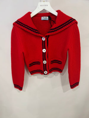 Miu Miu Red and Navy Wool Crochet Knitted Cardigan Size IT 36 (UK 4)