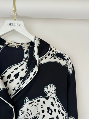 Olivia Von Halle Black & White Leopard Pattern Two-Piece Shirt and Trouser Set Size M (UK 10)