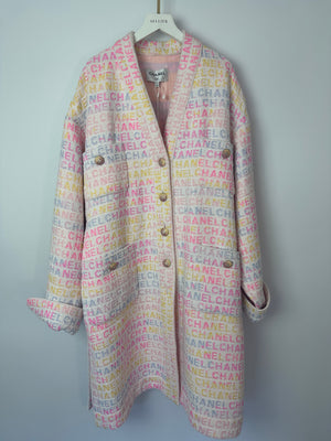 Chanel Pastel Robe Coat with Belt & Multi-Coloured Chanel Logo Details Size FR 42 (UK 14)