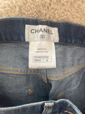 Chanel Blue Denim High-Waisted Shorts with Large CC Logo Pocket Details Size FR 36 (UK 8)