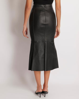Valentino Black Lambskin Leather Midi Skirt with Bottom Stitch Detail Size IT 40 (UK 8)