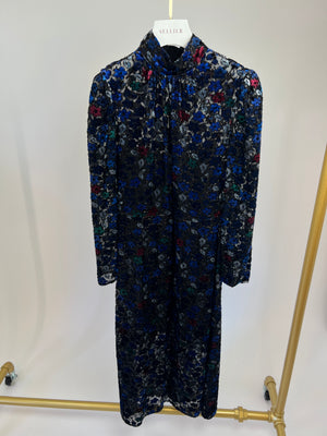 Prada Metallic Black, Navy Floral Print Long-Sleeve Midi Dress with Slip Size IT 38 (UK 6)