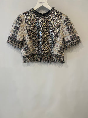 Ralph & Russo Black and Multi-Colour Tweed Sequin Top and Mini Skirt Set with Textured Gold Buttons Size FR 38/40 (UK 10/12)