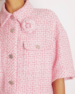 Chanel Pink Tweed Cropped Jacket with Pink Mother of Pearl and Silver CC Logo Buttons and Camellia Brooch Size FR 46 (UK 18)