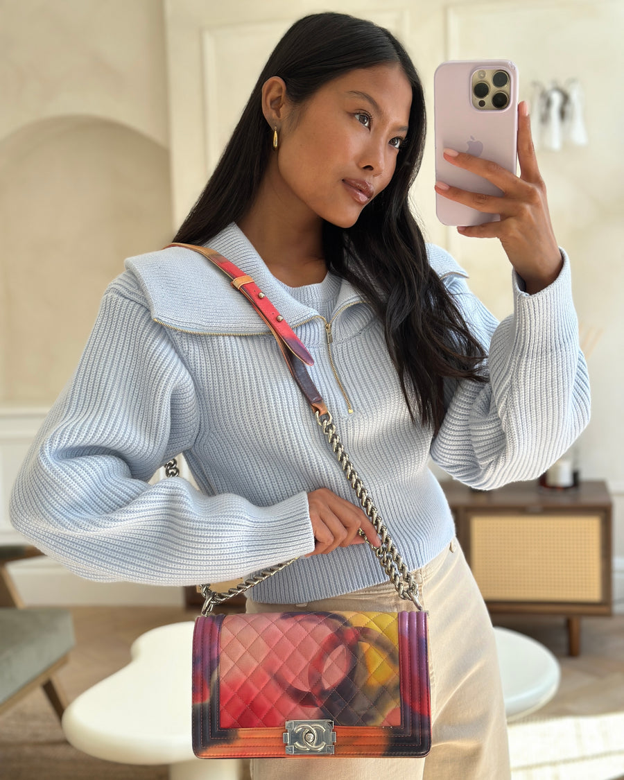 Chanel 14/S Pink Flower Power Quilted CC Lambskin Medium Boy Bag with Polished Silver Hardware