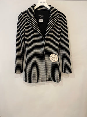 Chanel 01C White and Black Striped Jacket with White Camelia Detail Size FR 38 (UK 10)