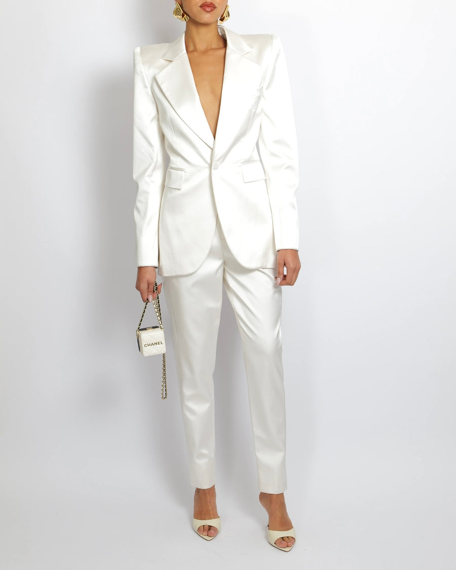 Saint Laurent White Silk Jacket and Trouser Suit Set Size FR 38 (UK 10)