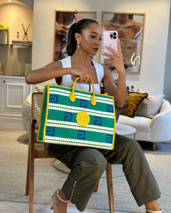 Gucci Green Yellow and Cream Rio De Janeiro Jacquard Weave Large Tote Bag with Stripe and G Print