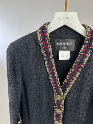 Chanel Black Tweed Jacket with Antique Gold CC Logo Button and Red and Gold Collar Details FR 38 (UK 8)