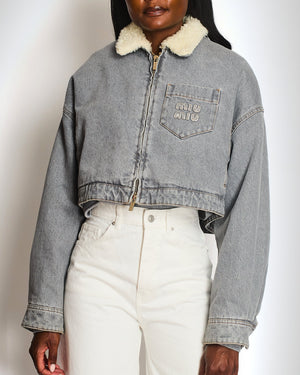 Miu Miu Grey Cropped Jacket with Logo Detail Size IT 40 (UK 8)