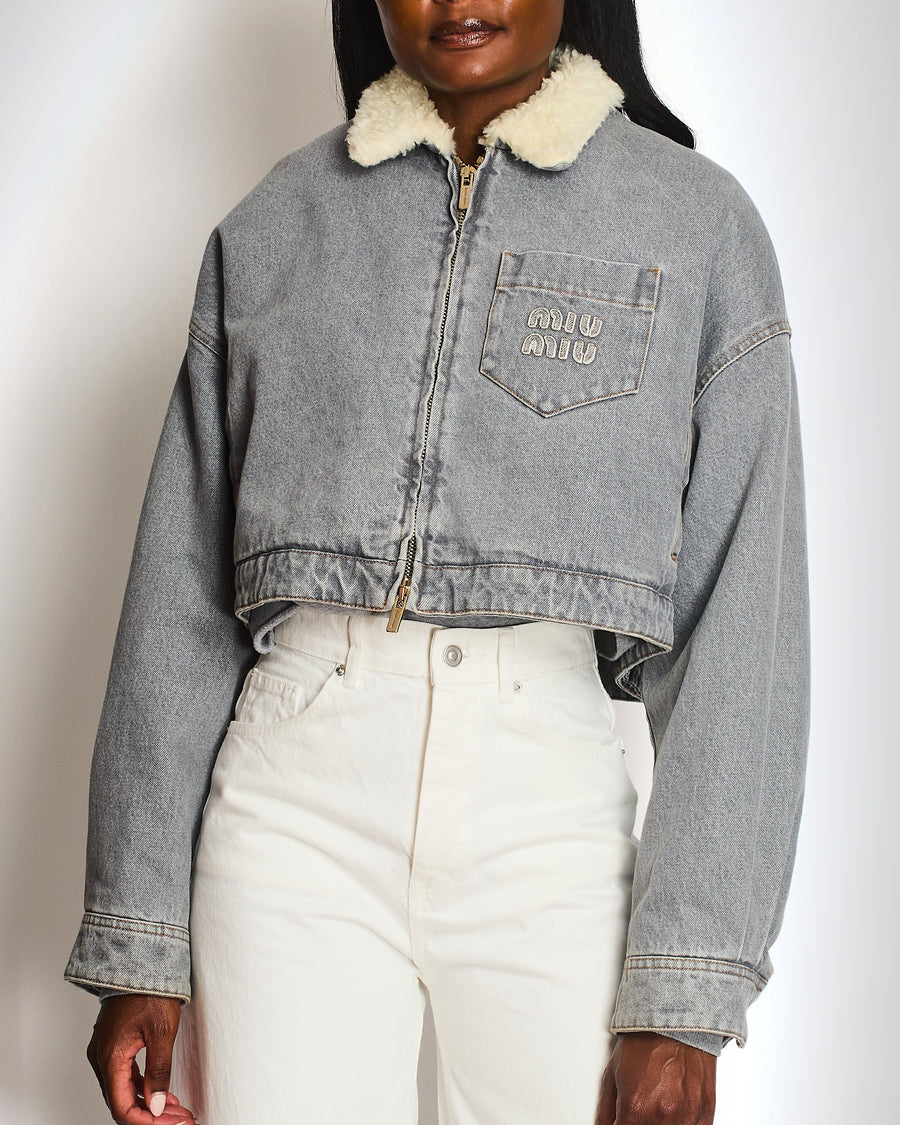 Miu Miu Grey Cropped Jacket with Logo Detail Size IT 40 (UK 8)