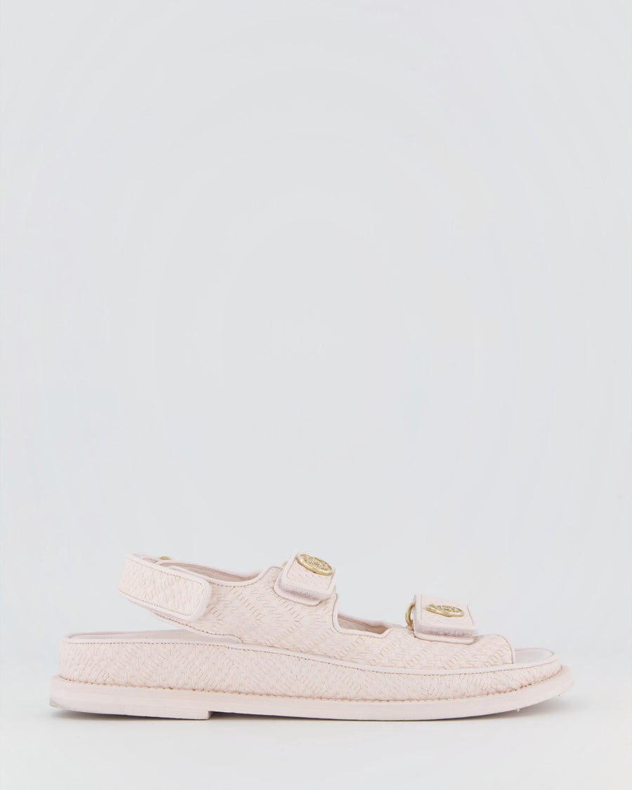Chanel Light Pink Leather Raffia Effect Dad Sandals with Aged Champagne Gold Coin Logo Detail Size EU 36.5C