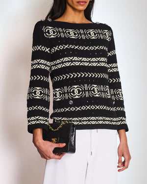 Chanel Black and White Logo Print Sweater with Silver CC logo Button Detail Size FR 36 (UK 8)