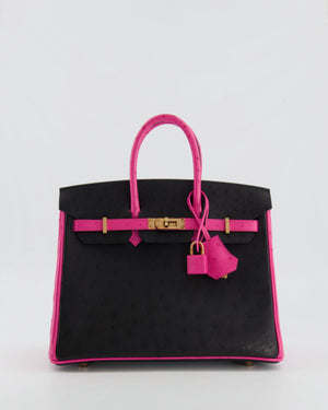 *RARE* Hermès HSS Birkin 25 Retourne Bag in Black and Rose Shocking Ostrich Leather with Rose Gold Hardware