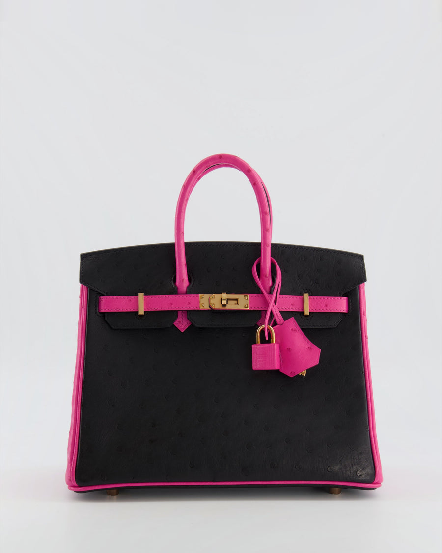 *RARE* Hermès HSS Birkin 25 Retourne Bag in Black and Rose Shocking Ostrich Leather with Rose Gold Hardware