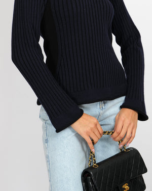 Louis Vuitton Navy and Black Cashmere Ribbed Jumper with Gold LV Logo Buttons Size S (UK 8)
