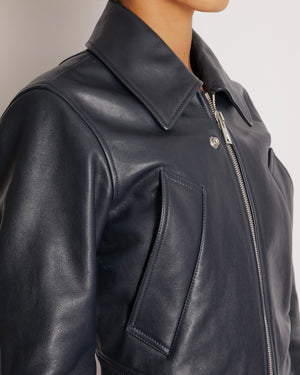 Bottega Veneta Navy Calfskin Leather Jacket with Silver Zipper and Knitted Details Size FR 36 (UK 8) RRP £5,000