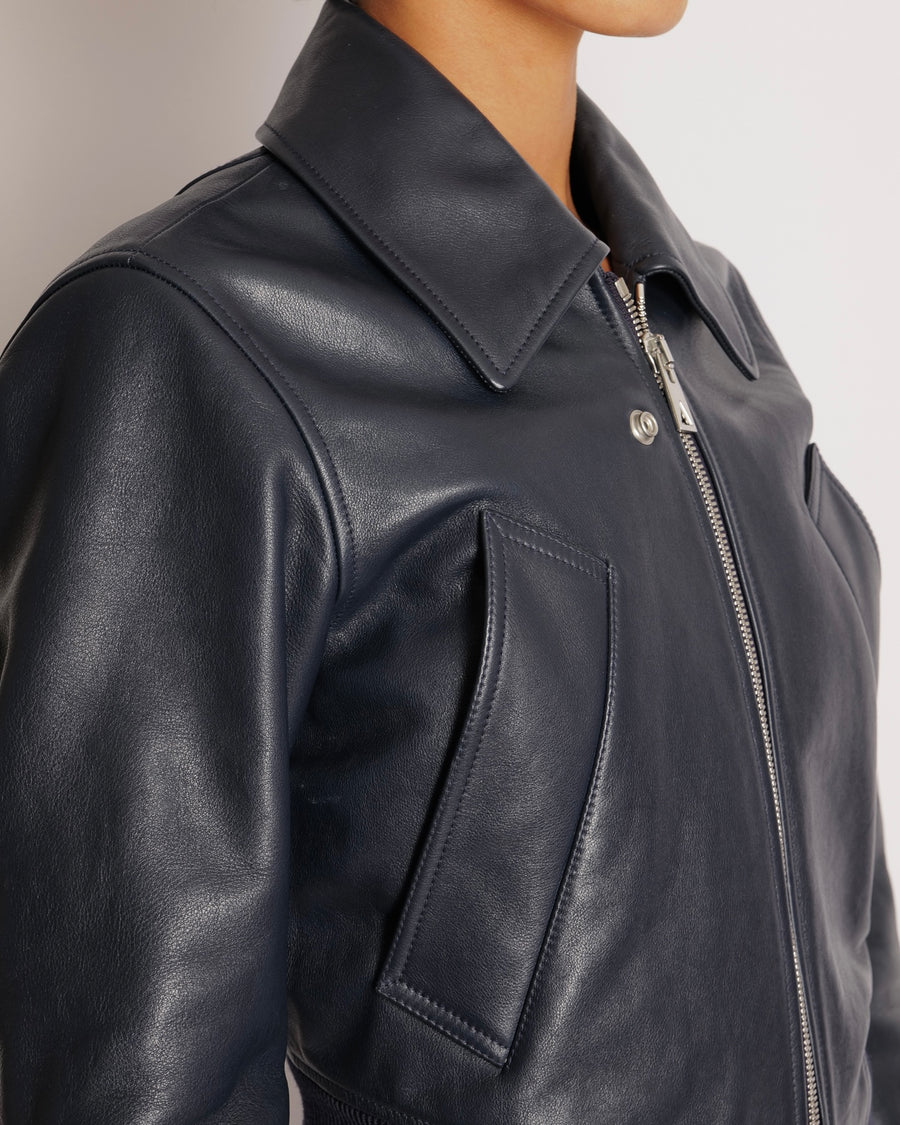 Bottega Veneta Navy Calfskin Leather Jacket with Silver Zipper and Knitted Details Size FR 36 (UK 8) RRP £5,000