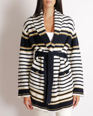 Valentino Navy and Cream Striped Wool Knitted Belted Cardigan with Shimmery Gold Details and Back Logo with Gold Buttons Size S (UK 8) RRP £2,450