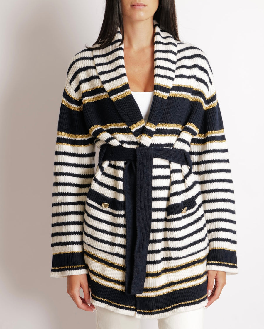 Valentino Navy and Cream Striped Wool Knitted Belted Cardigan with Shimmery Gold Details and Back Logo with Gold Buttons Size S (UK 8) RRP £2,450