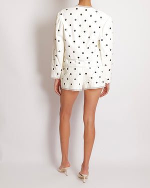 Chanel 23S White and Black Lambskin Leather Polka Dot Cropped Jacket with Lace Trims and Crystal Embellished Pearl CC Logo Buttons Size FR 36 (UK 8)