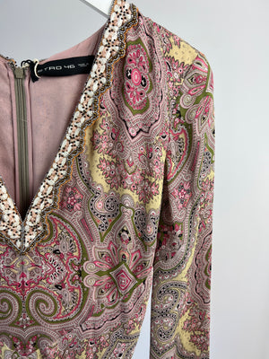 Etro Pink, Green and Yellow Paisley Long Sleeve Printed Maxi Dress with Embellished Collar IT 46 (UK 14)