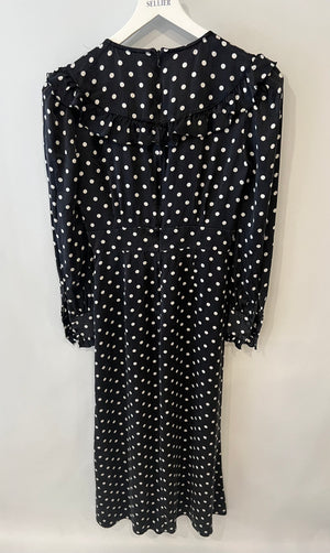 Alessandra Rich Black and White Silk Polkadot Midi Dress with Ruffle Details Size IT 42 (UK 10)