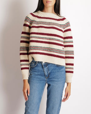 Céline Cream, Burgundy and Green Knit Wool Jumper with Triomphe Logo Detail Size FR 36 (UK 8) RRP £1,550