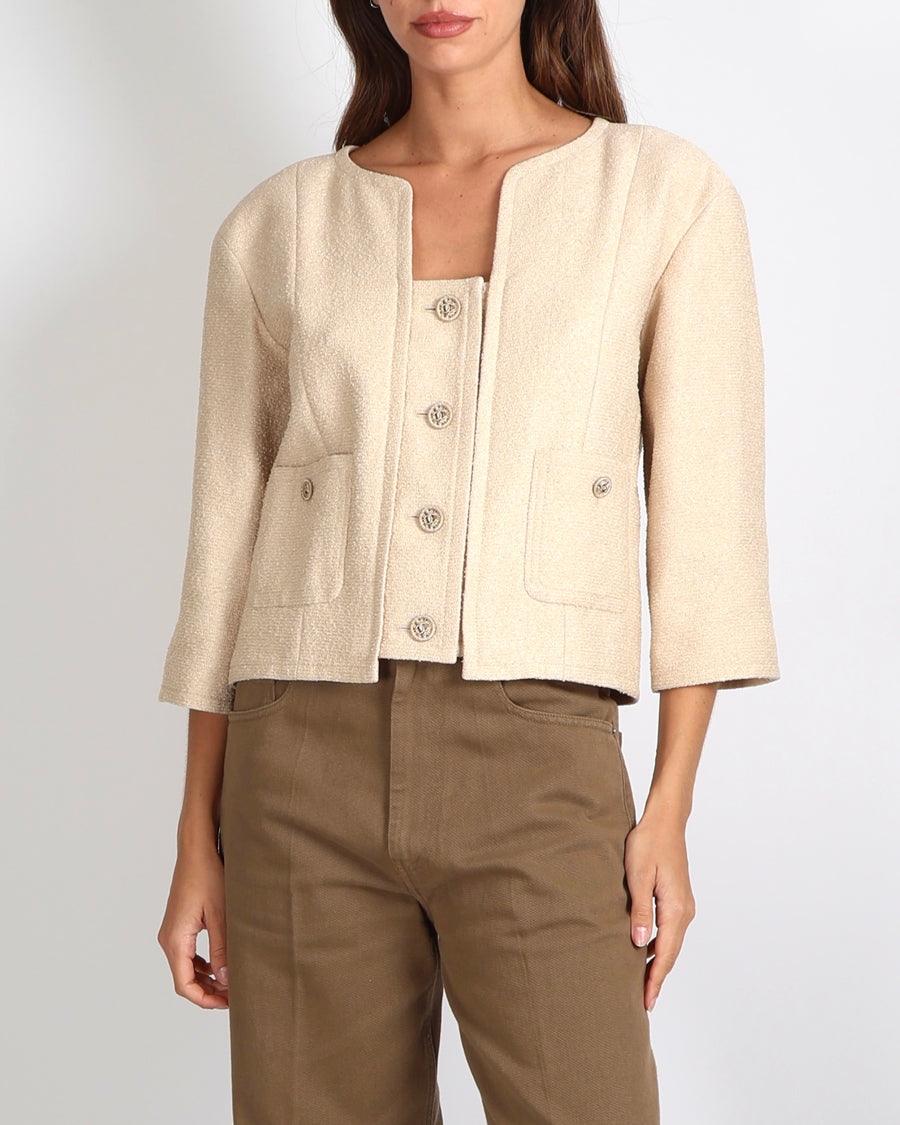 Chanel Cruise 2014 Beige and Metallic Gold Jacket with Gold CC Logo Buttons Size FR 42 (UK 14)