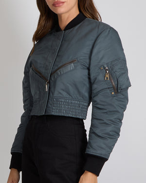 Louis Vuitton Grey Cropped Bomber Jacket with Black Cuffs and Logo Zipper Detail Size FR 36 (UK 8)