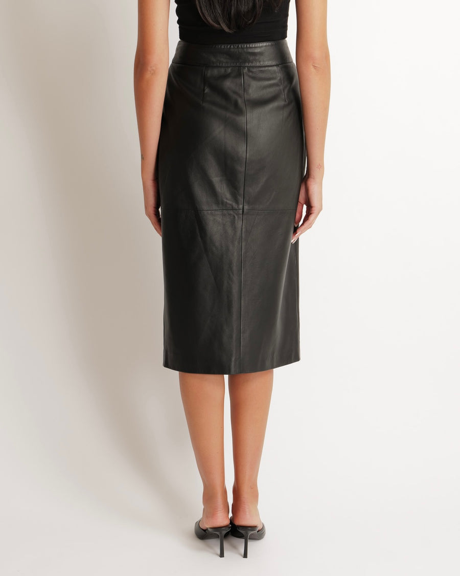 Zuhair Murad Black Lambskin Leather Midi Pencil Skirt with Gold Zipper Detail Size FR 38 (UK 10)