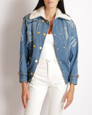 Chanel Métiers d’Art 2019 Blue Denim Jacket with Faux Fur Lining and Patchwork Details with Gold Cat CC Logo Buttons Size FR 34 (UK 6)