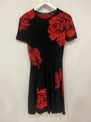Alexander McQueen Black Short-Sleeve Dress with Red Floral Prints Size IT 40 (UK 8)