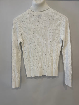 Chanel 22C White Perforated High Neck Jumper with CC Logo Detail Size FR 34 (UK 6) RRP £1,900