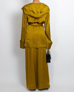 Saint Laurent Olive Green Silk Belted Jacket and Trouser Set with Hood Size FR 36/38 (UK 8/10)