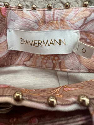 Zimmermann Multi-Colour Silk Floral Belted Shorts with Gold Beaded Trims and Pearl Embellished Buckle Detail Size 0 (UK 8)