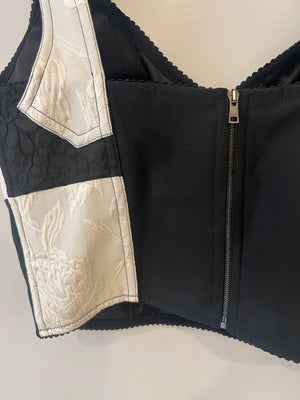 Dolce & Gabbana Black and White Checkered Corset Cropped Top with Floral Embroideries Size IT 42/44 (UK 12/14)