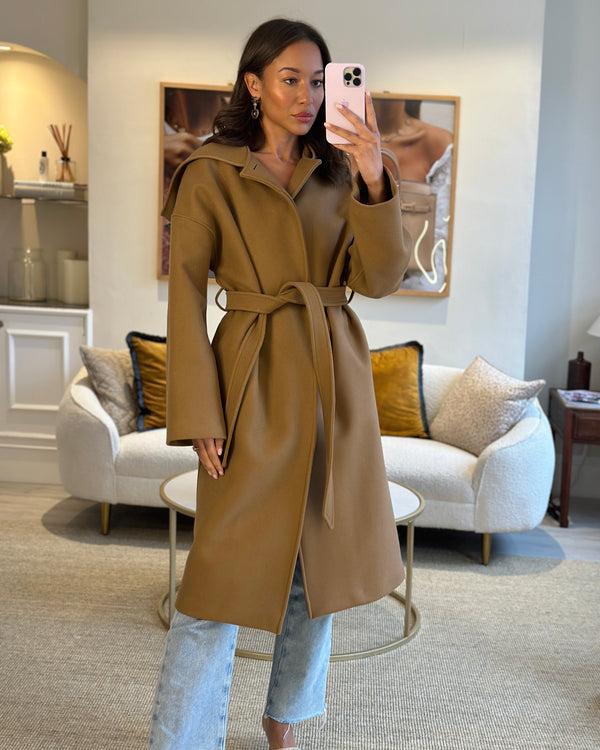 Celine Brown Wool and Cashmere Long Coat with Pockets, Hood, and Detachable Bag Size FR 34 (UK 6)