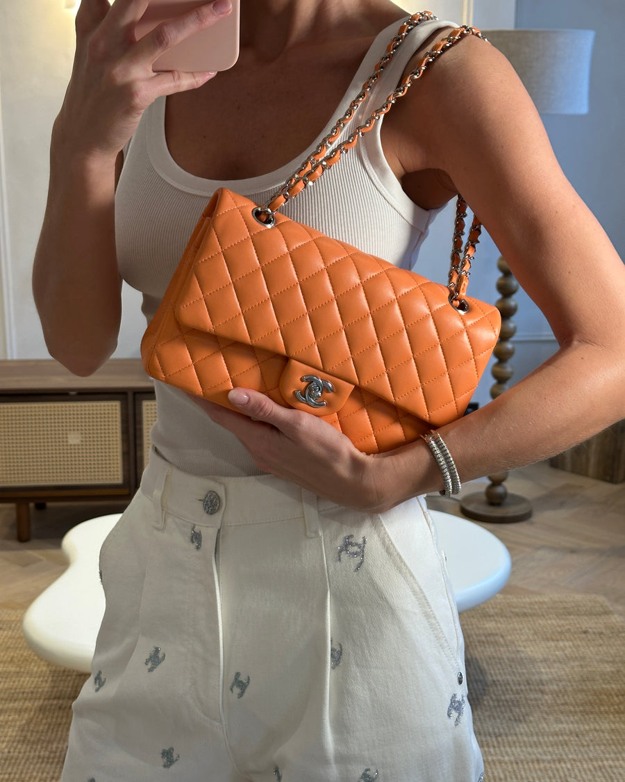 Chanel Medium Orange Classic Double Flap Bag in Lambskin Leather with Silver Hardware