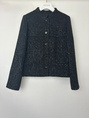 Chanel 25C Black Sequin Single-Breasted Collarless Tweed Jacket with CC Button Detail Size FR 42 (UK 14)