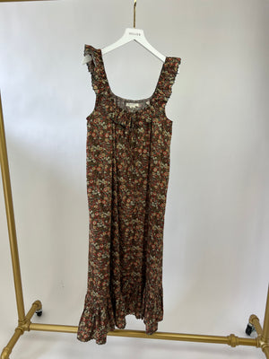 Dôen Colorful Sleeveless Floral Midi Dress with Ruffled Details Size XS (UK 4-6)