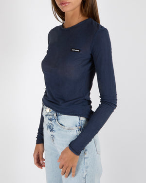 Miu Miu Navy Long Sleeved Top with Black and White Logo Embroidery Detail Size IT 40 (UK 8) RRP £985