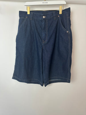 Prada Men's Dark Blue Light Denim Shorts with Logo Detail On The Back Pocket Size 34