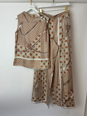 Hermès Beige, Cream Silk 'Clic Clac à Pois' Print Pyjama Top & Trouser Set Size FR 38 (UK 10)
