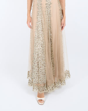 Valentino Beige Tulle Long-Sleeved Gown with Grey Panels and Silver and Multi-Colour Crystal Embellishments Size IT 38 (UK 6)