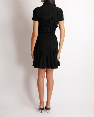 Chanel Black Wool Belted Short-Sleeved Mini Dress with Black and Silver CC Logo Buttons and Frayed Trims Detail Size FR 34 (UK 6)