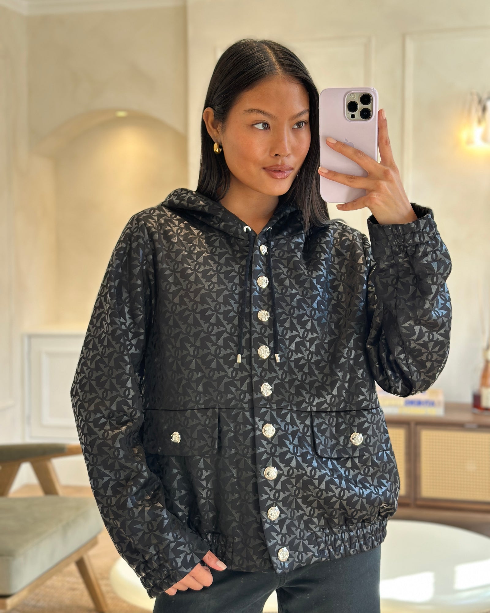 Chanel 2023 Coco Neige Black CC Logo Hooded Jacket with CC Crystal