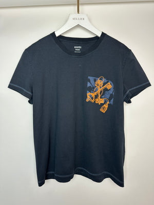 Hermes T-Shirt in Bleu Noir with "Les Clefs" Print in Size FR 38 (UK 10)